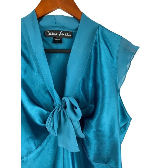 Susan Lucci Womens Medium Teal Sleeveless Blouse With Bow - Picture 3 of 6